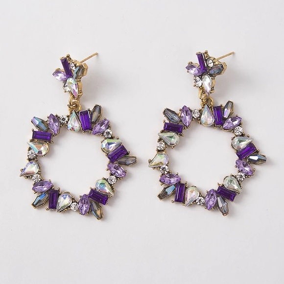 Anthro 💜 Gold Plated Big Iridescent Purple Cluster Cutout Dangle Earrings D34